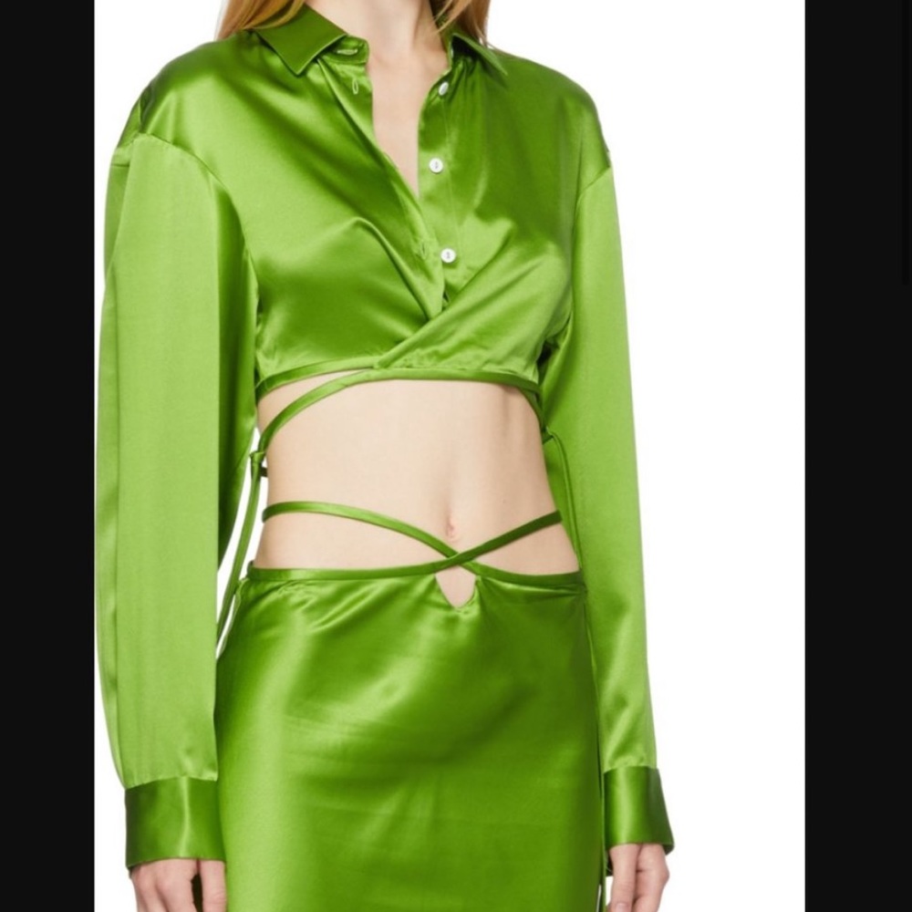 Christopher Esber green silk satin wrap crop blouse